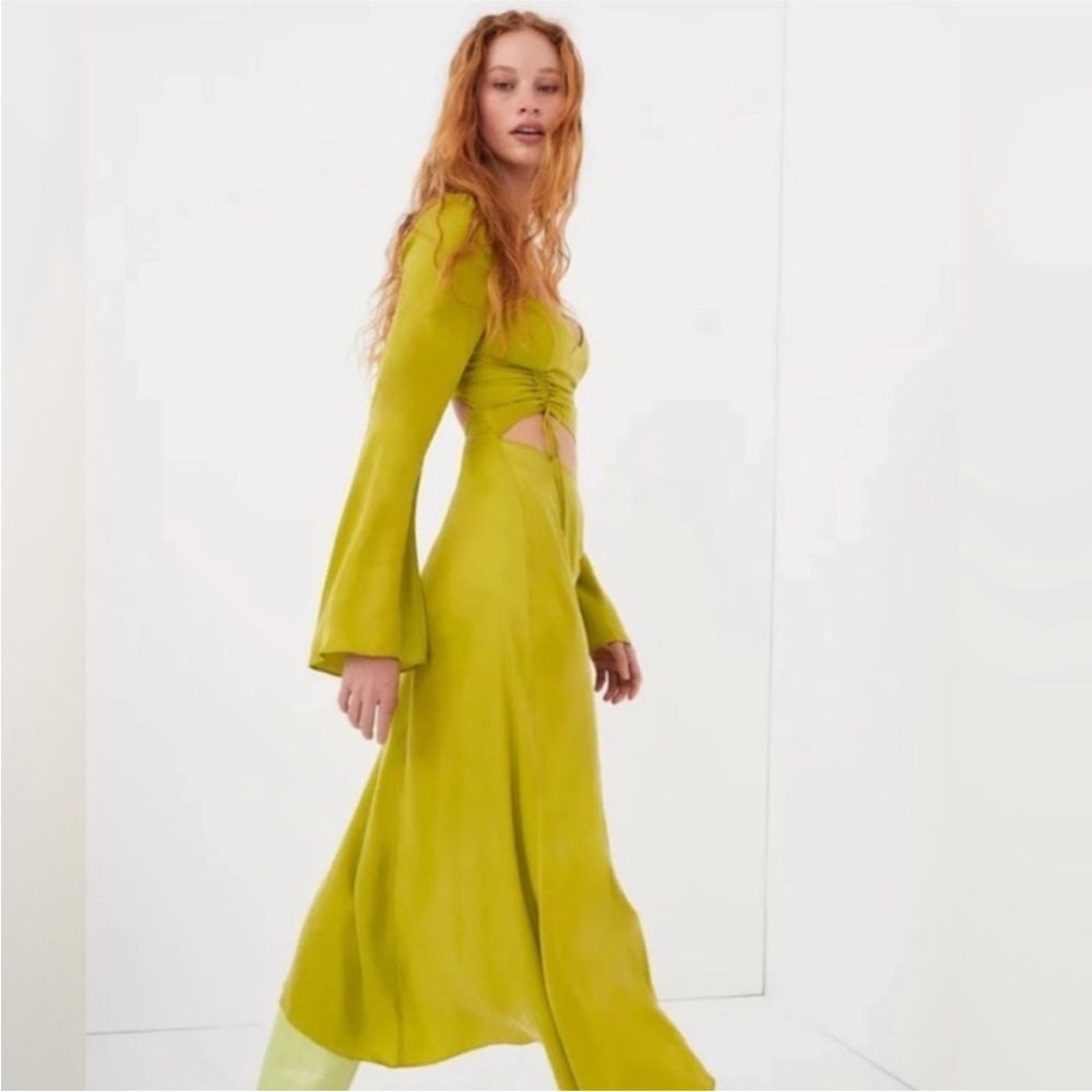For Love & Lemons Allie Long Sleeve Cutout Ruched Slit Midi Dress Green XS